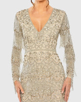 Beige V-Neck Beaded Fringe Embellished Sheath Dress